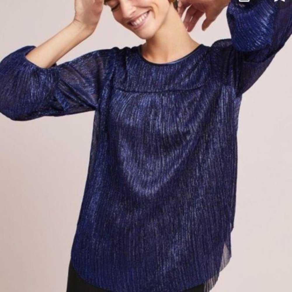 Anthropologie Boho Long Sleeve Blue Blouse Shirt Size Small Sparkly Shimmer